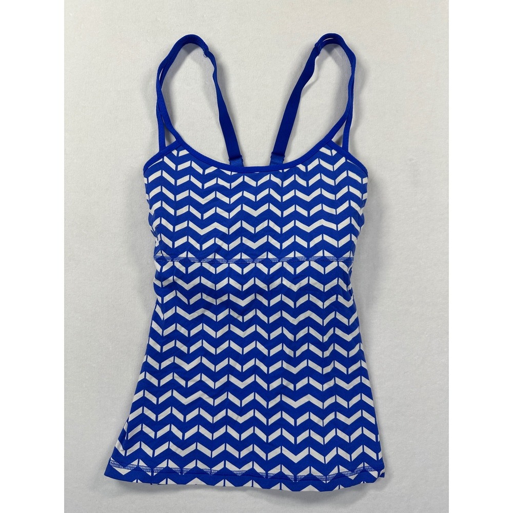 Lucy Yoga Tank Top Small Blue White Chevron Print Shelf Bra Activewear Pristine